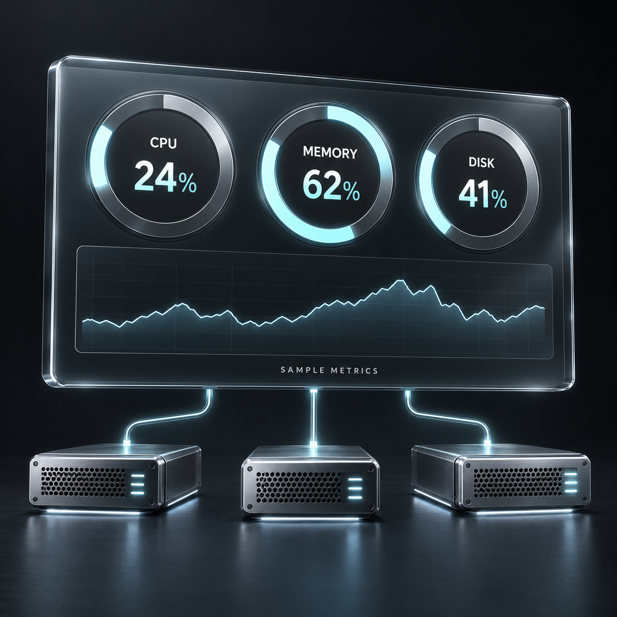 Illustrative SIGNAL monitoring dashboard with sample CPU, memory and disk utilization gauges